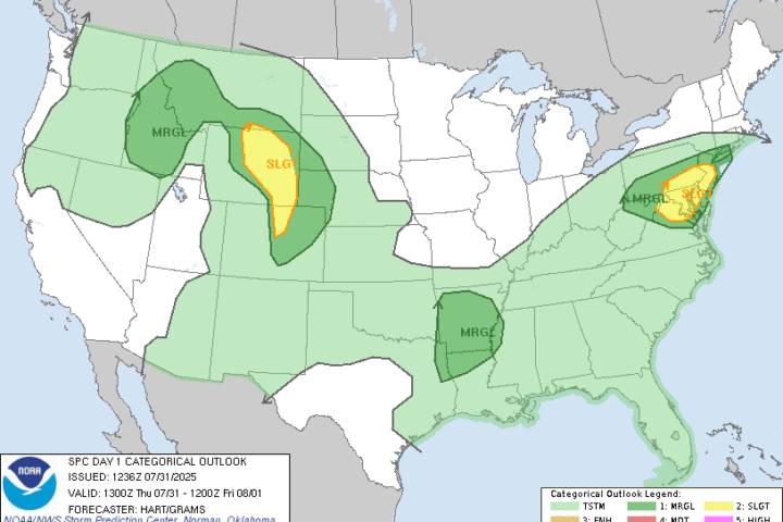 Map of the contiguous United States showing a yellow “SLGT” (Slight) risk area over the Mid-Atlantic, including Philadelphia, from the SPC Day 1 Convective Outlook.